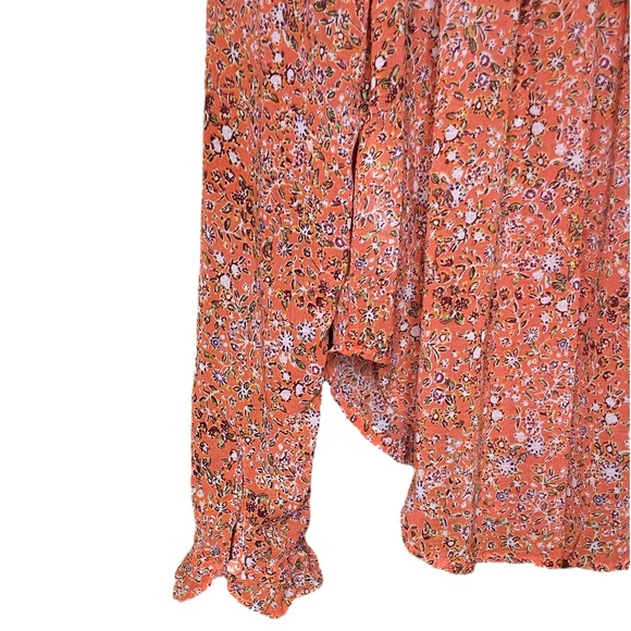 Free People Orange Floral blouse button down with tie Small EUC - Picture 3 of 5